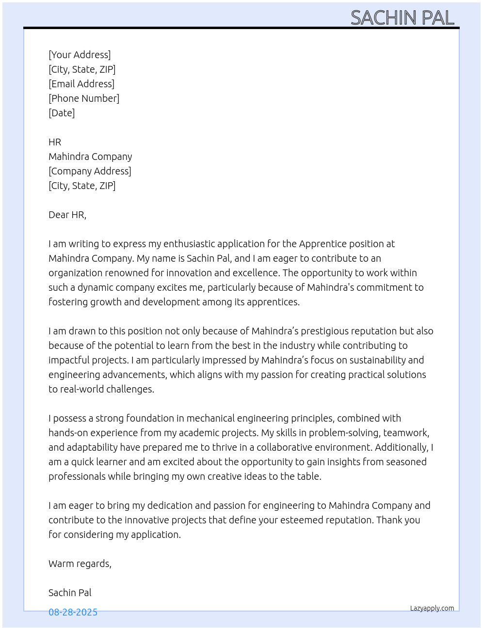 Cover letter for apprentice - LazyApply