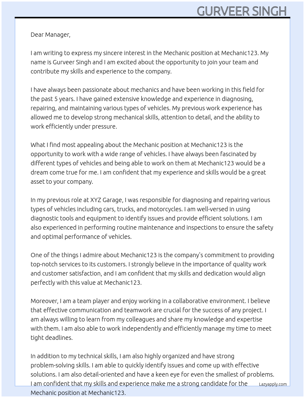 Mechanic At Mechanic123 Cover Letter