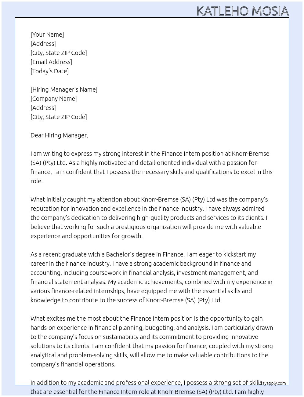 Finance Intern At Knorr-Bremse (SA) (Pty) Ltd Cover Letter