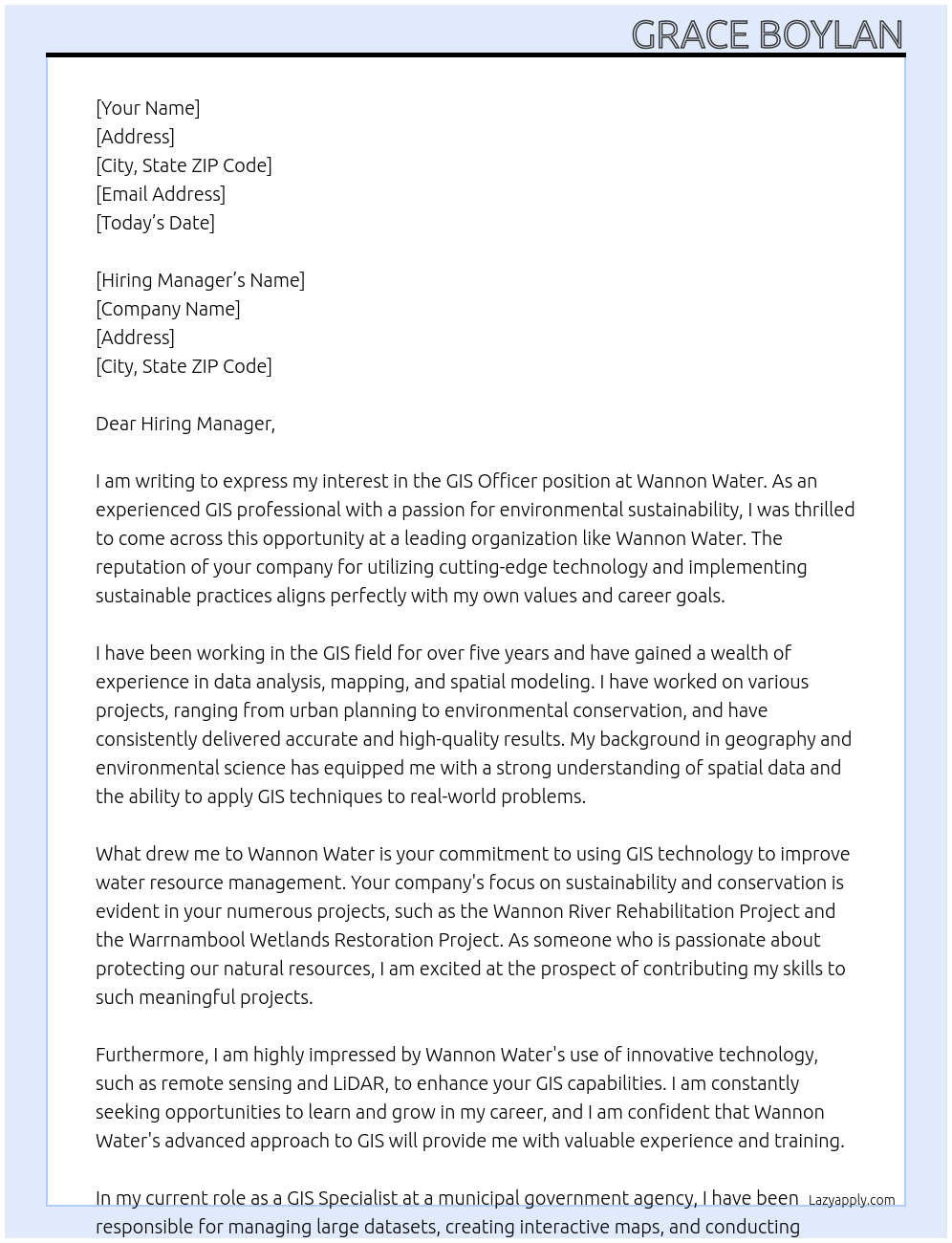 GIS Officer At Wannon Water Cover Letter