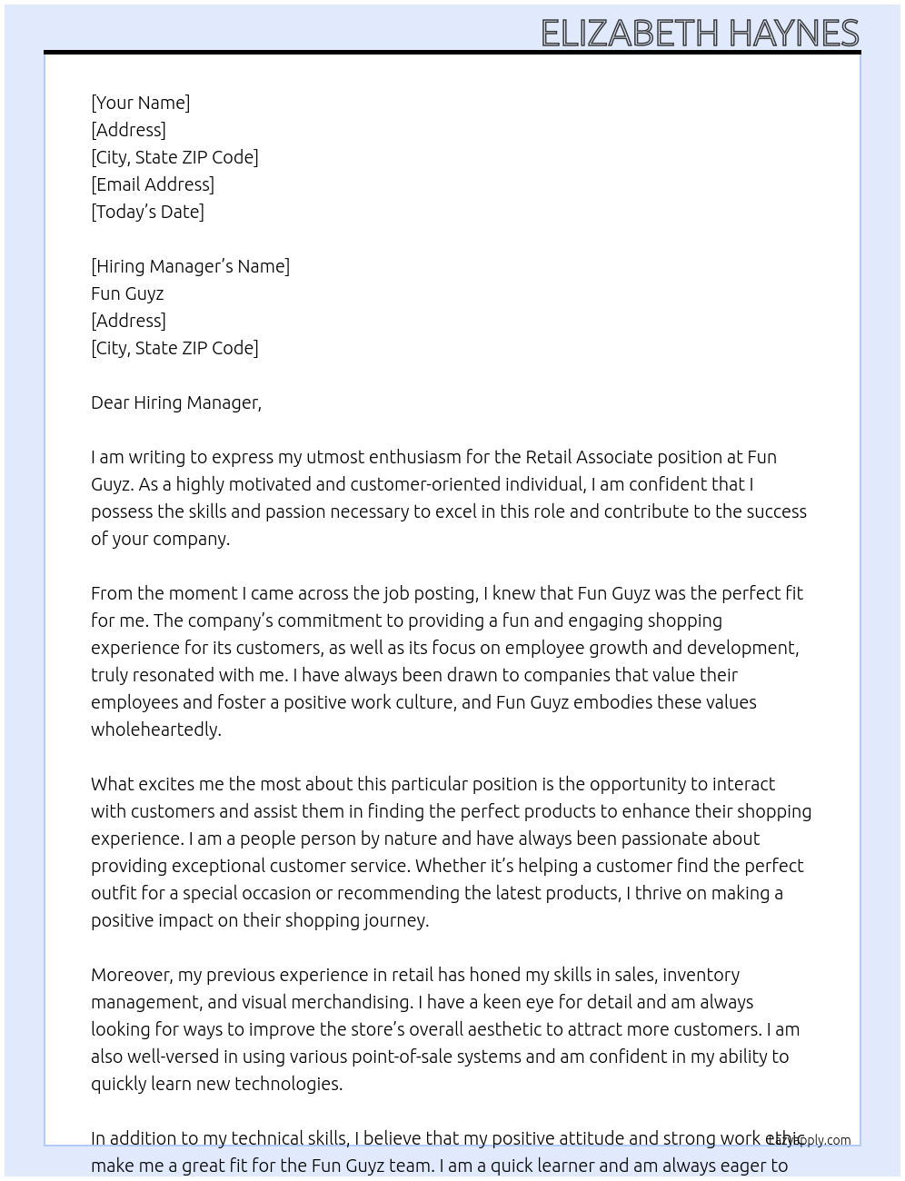 Retail Associate  At Fun guyz  Cover Letter