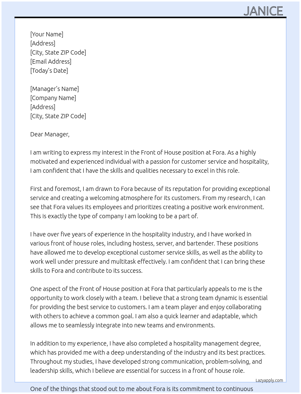 Front of house At Fora Cover Letter