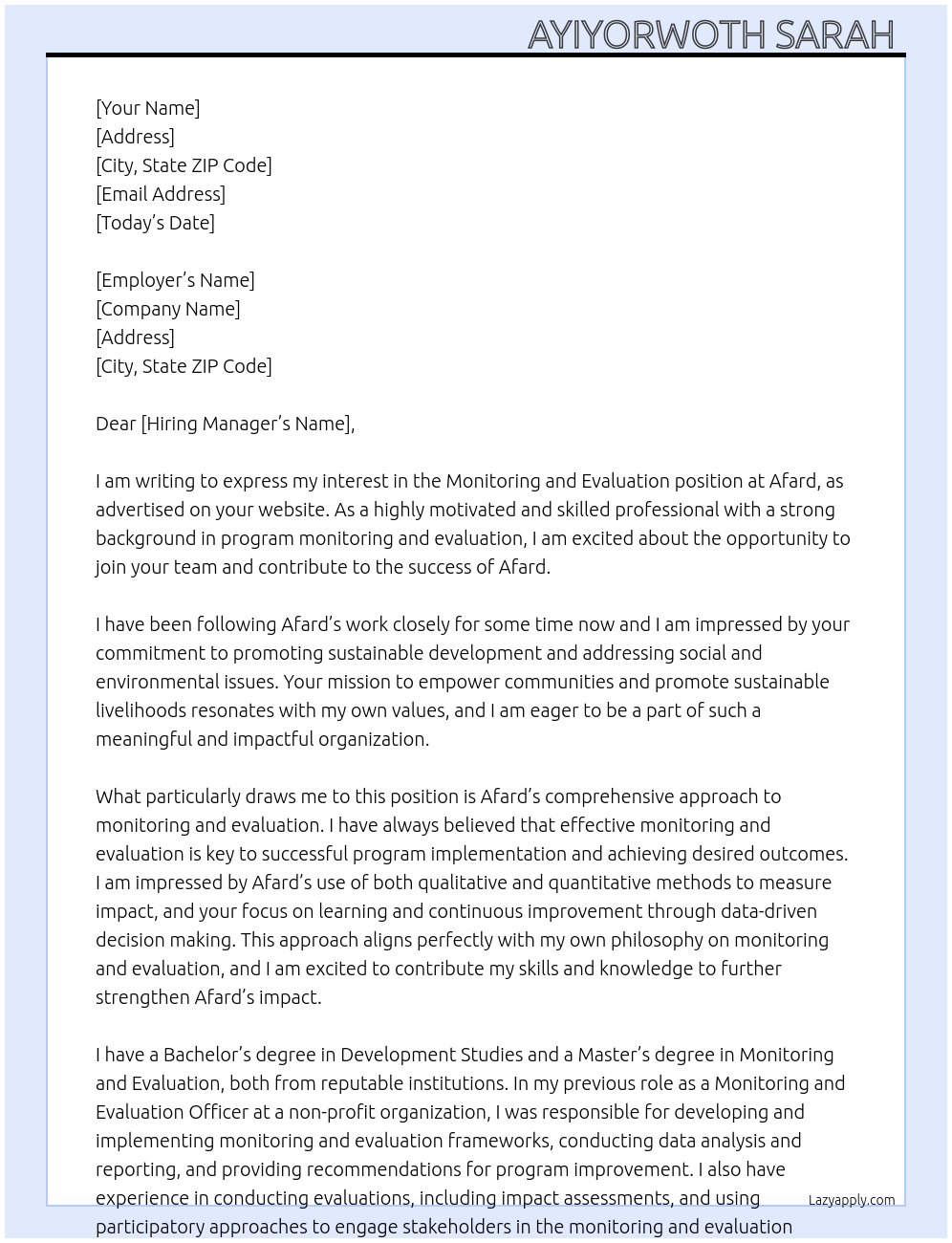 Monitoring and evaluation At Afard Cover Letter