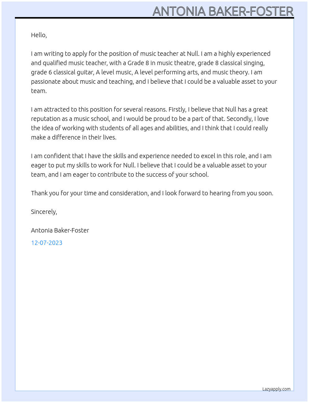 Music teacher At Null Cover Letter