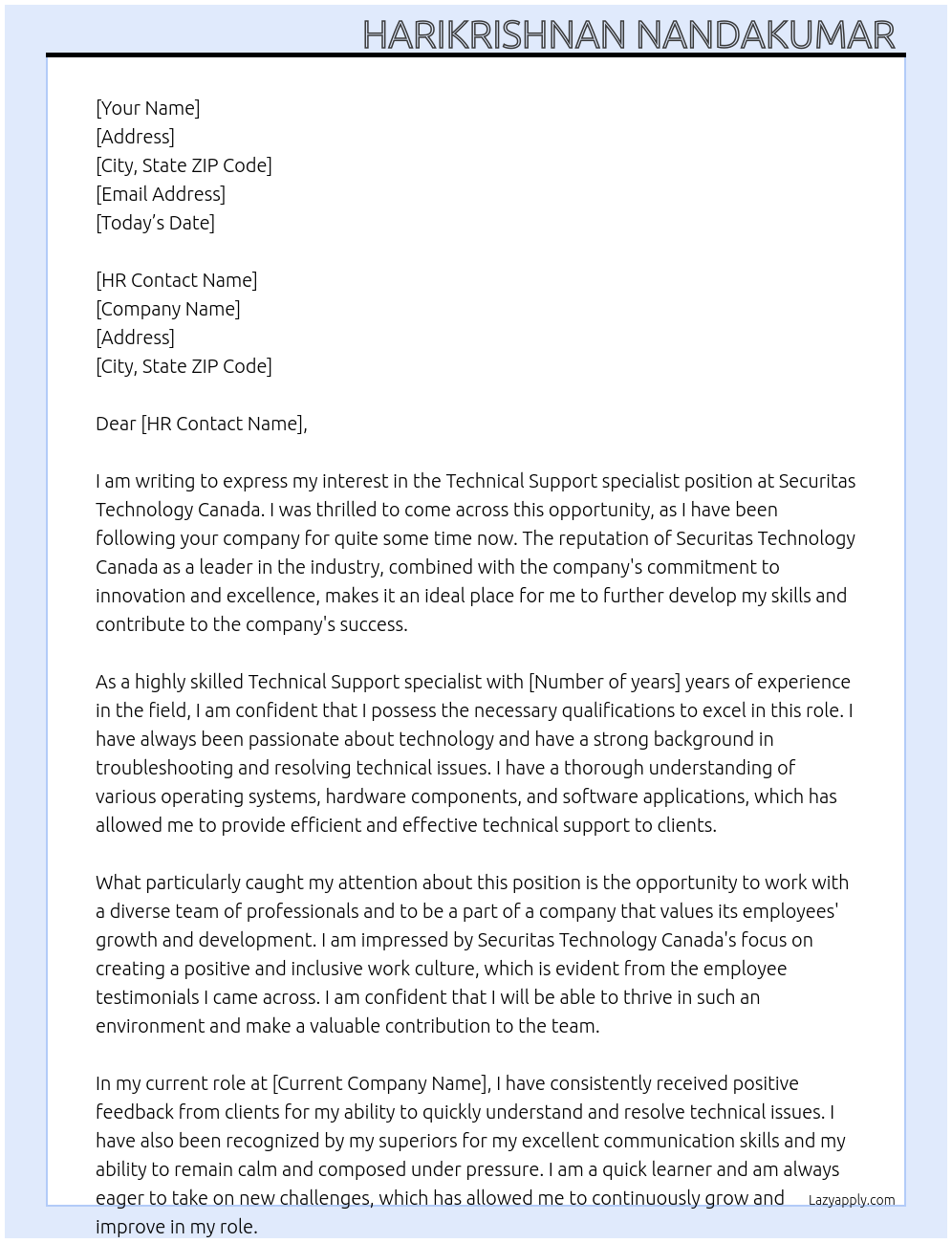 Technical Support specialist At Securitas Technology Canada Cover Letter