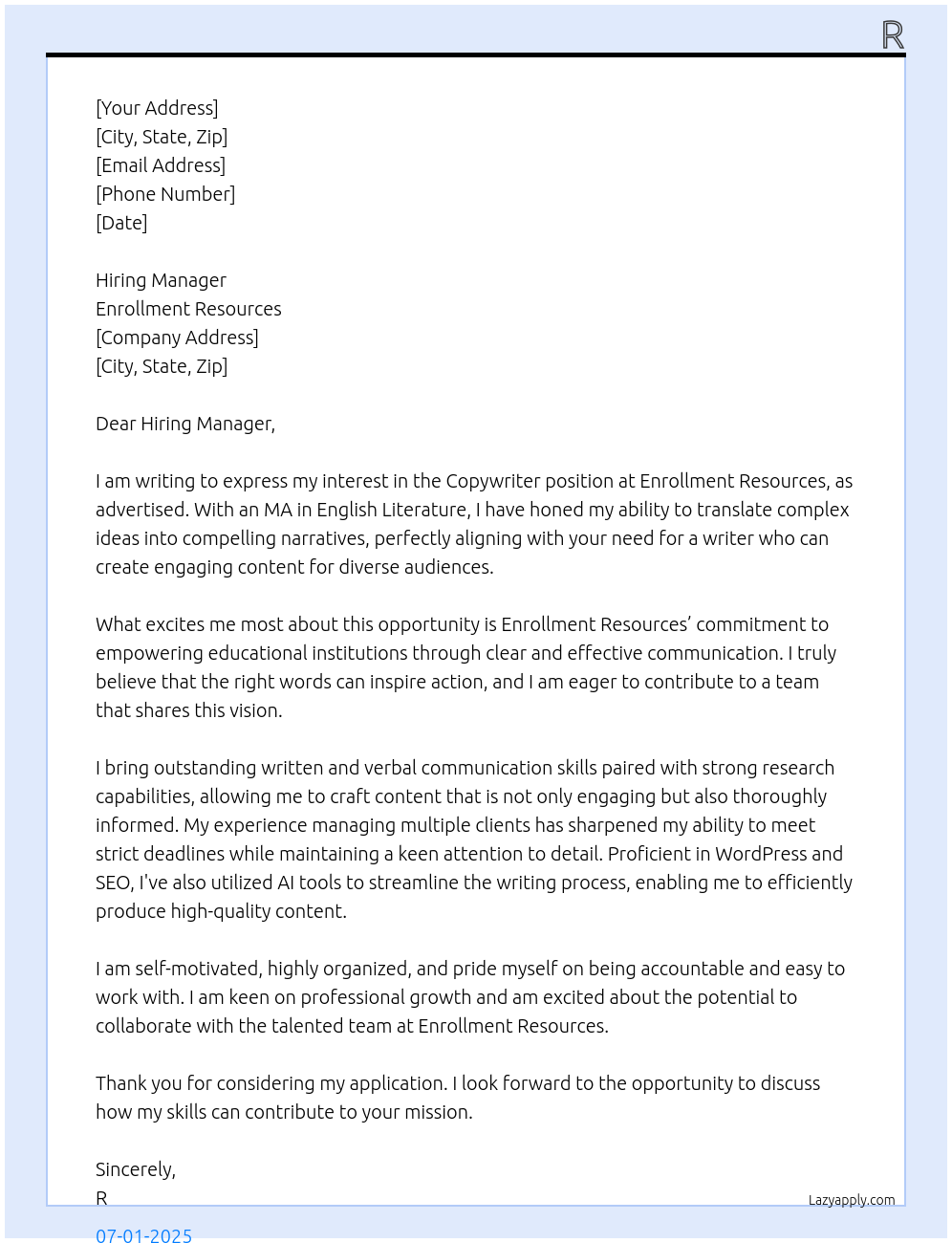 Cover letter for copywriter - LazyApply