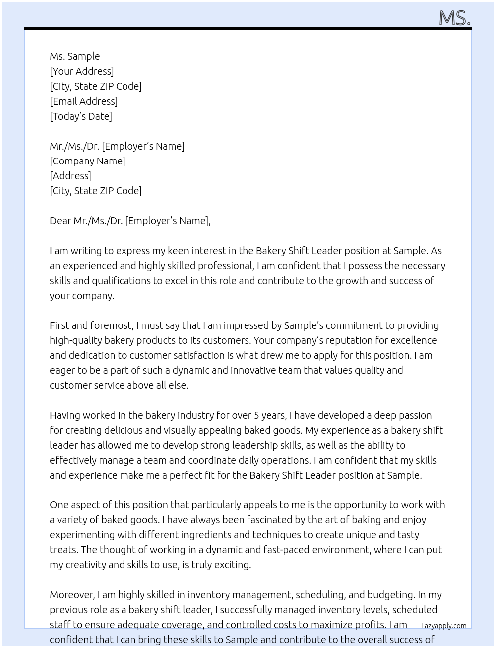 Bakery shift leader At Sample Cover Letter