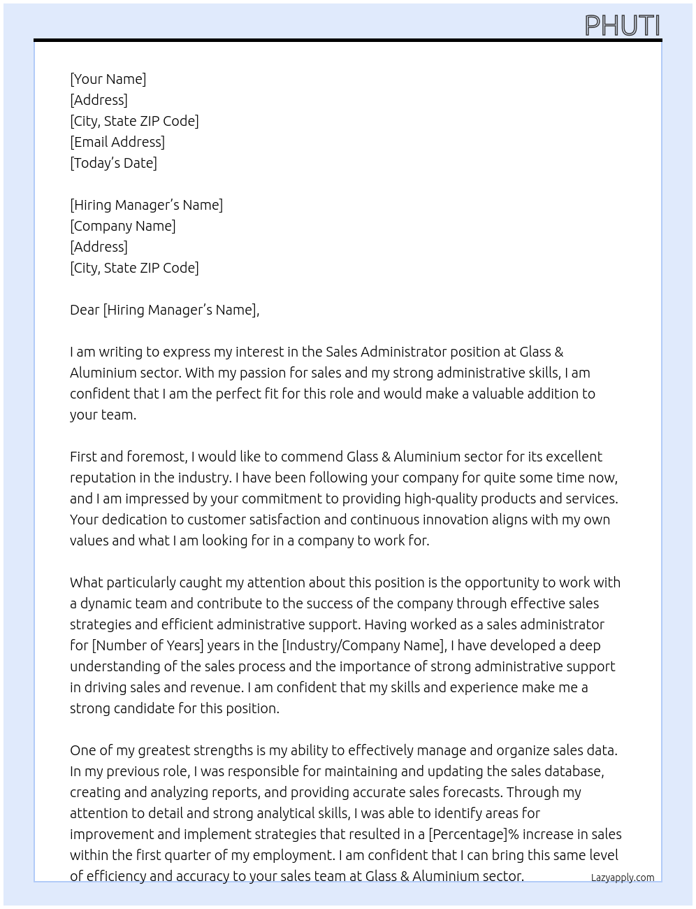 sales administrator At Glass & Aluminium sector Cover Letter