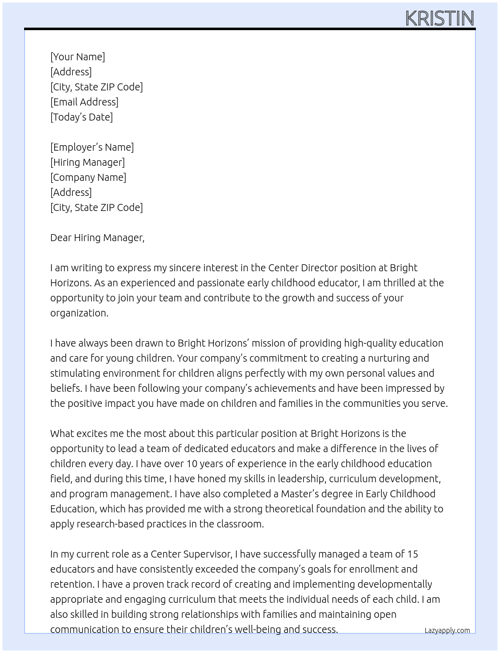 Center Director At Bright Horizons Cover Letter