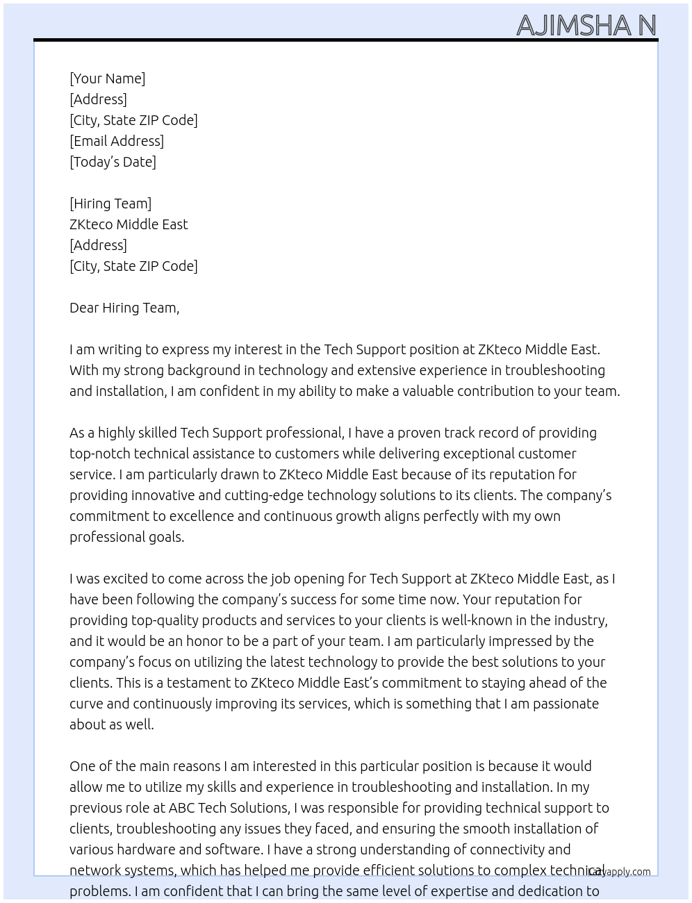 Tech Support At ZKteco middle East Cover Letter