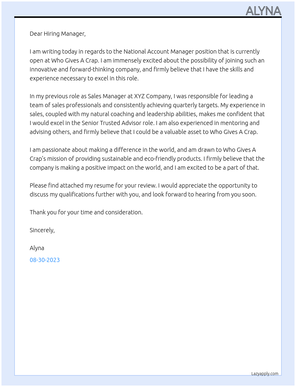 National Account Manager At Who Gives A Crap Cover Letter