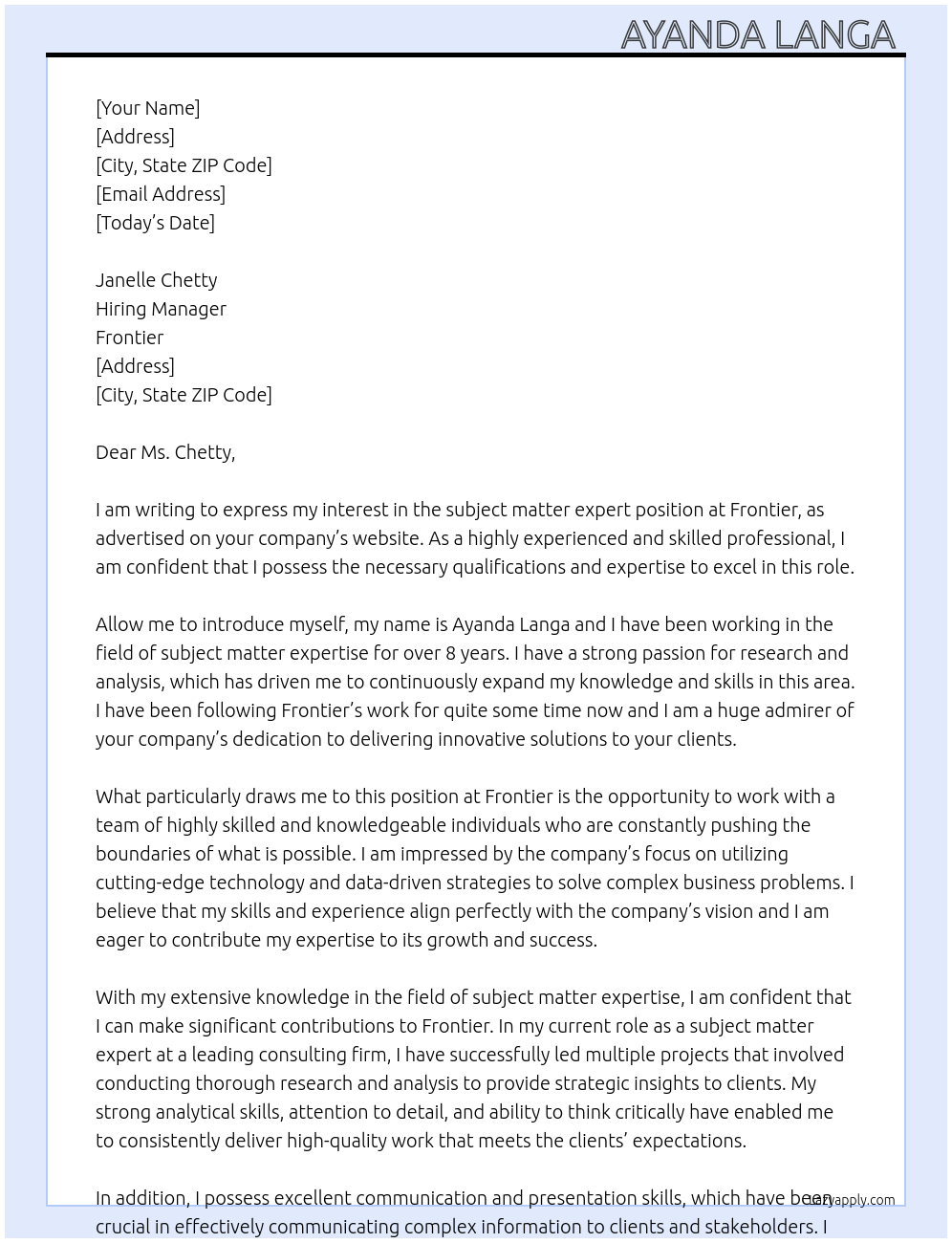 Subject matter expert  At Frontier  Cover Letter
