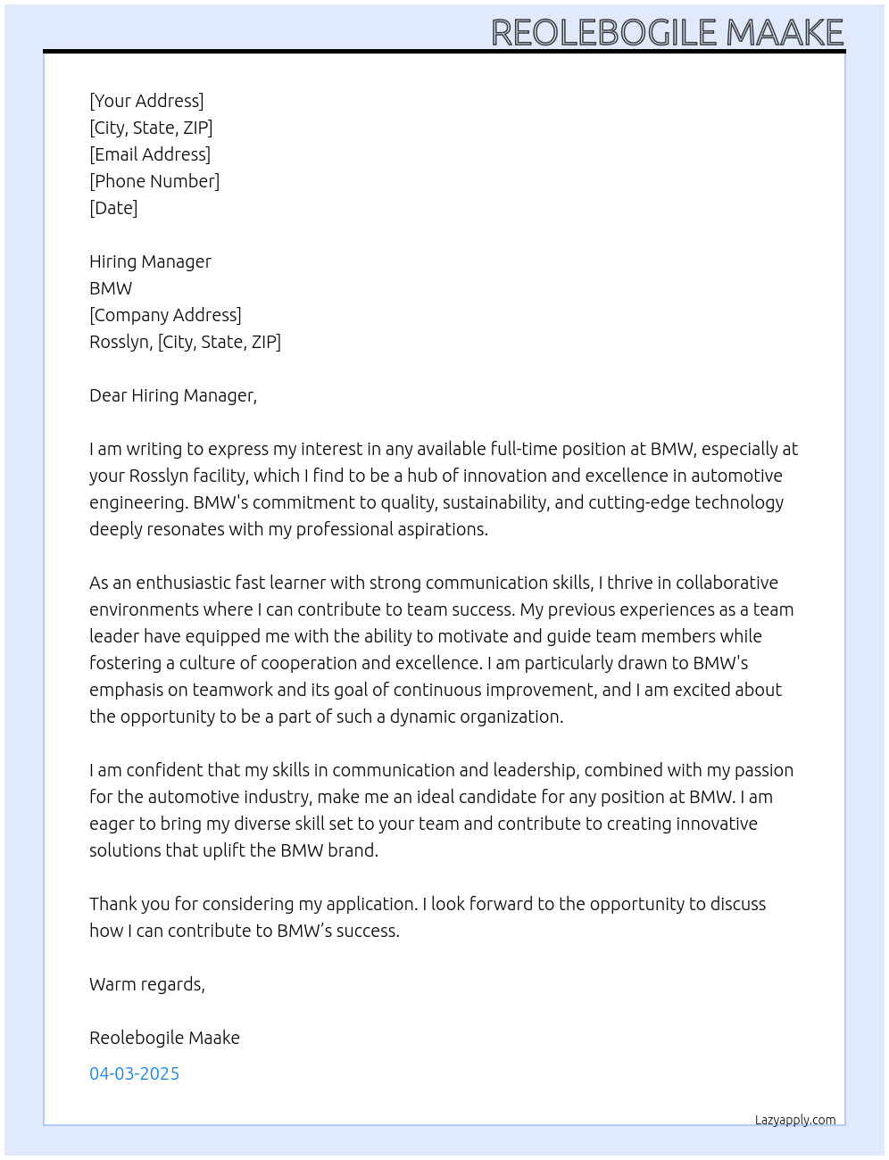 Any available position At BMW Cover Letter