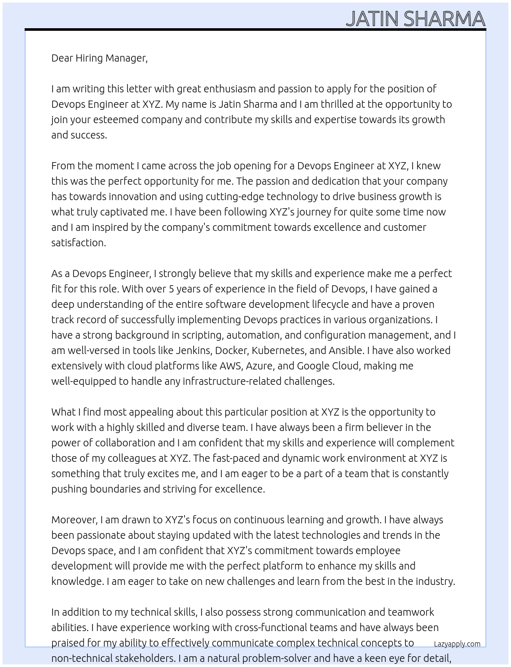 Devops engineer At XYZ Cover Letter