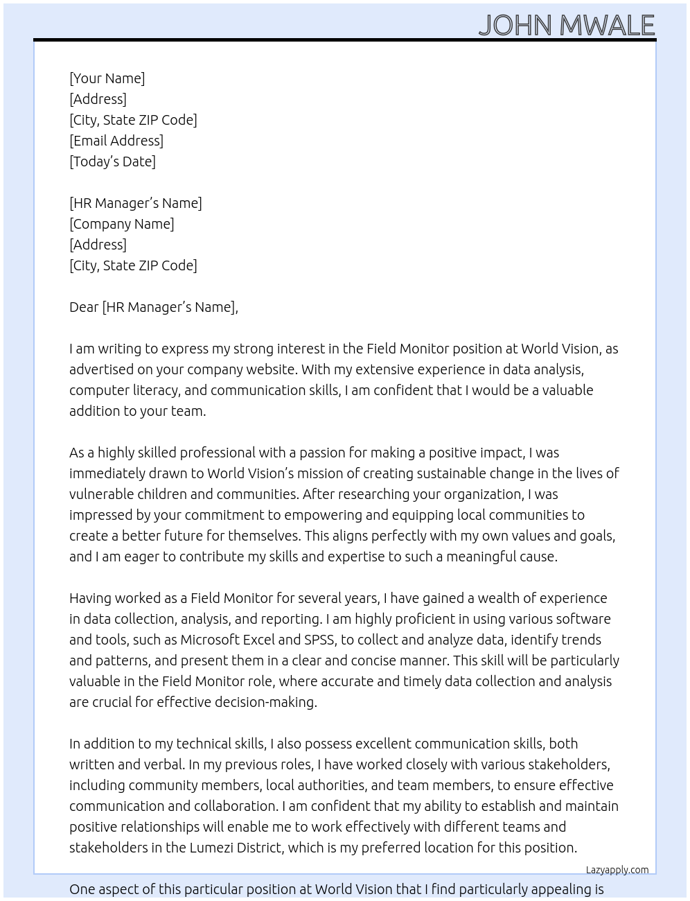 Field Monitor At World Vision Cover Letter