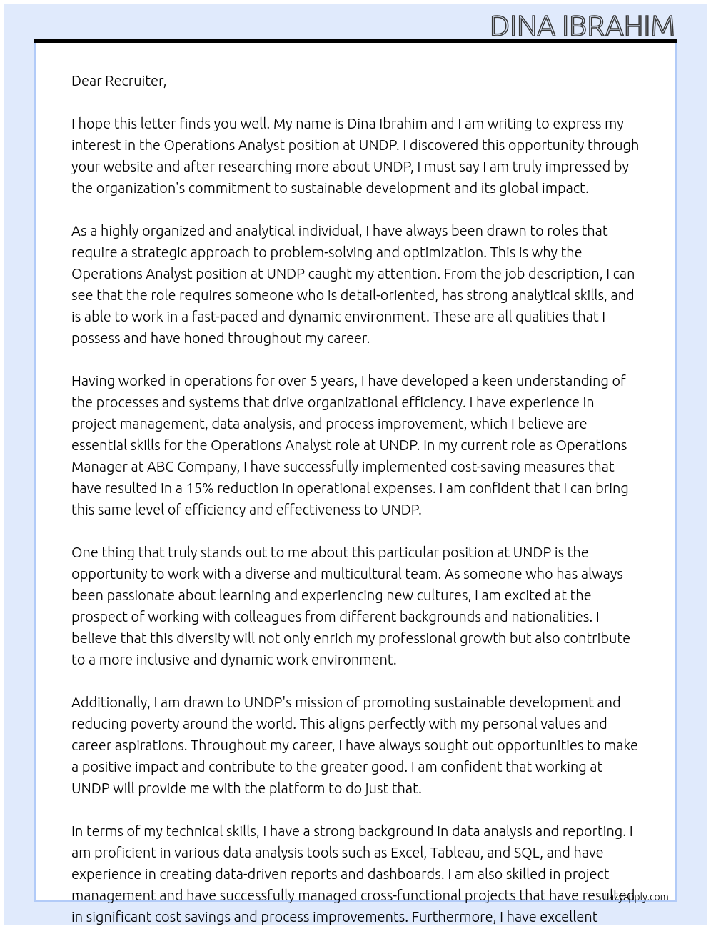 Operations Analyst At UNDP Cover Letter