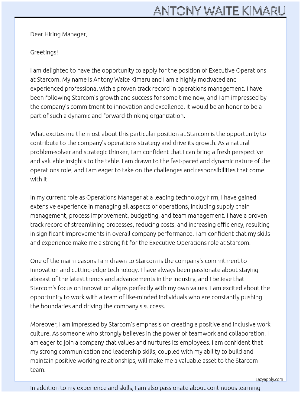 Executive Operations At Starcom Cover Letter