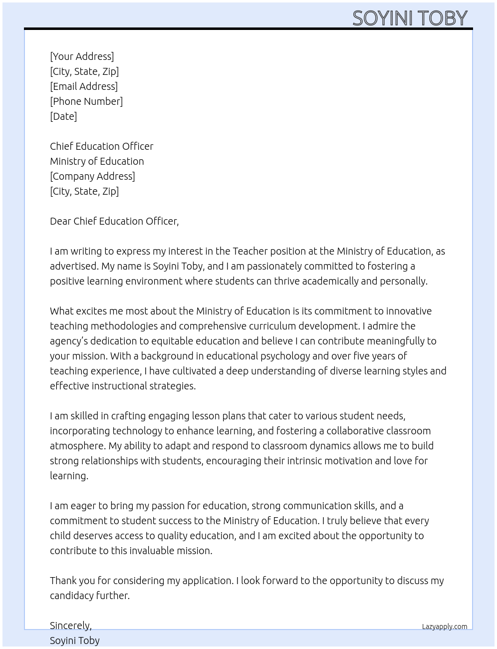 Teacher At Ministry of Education Cover Letter
