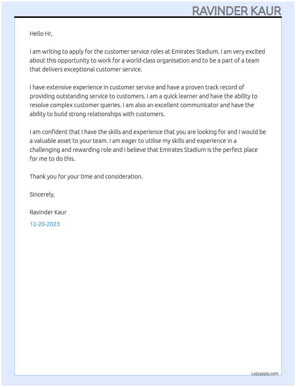 Customer service roles At Emirates Stadium Cover Letter