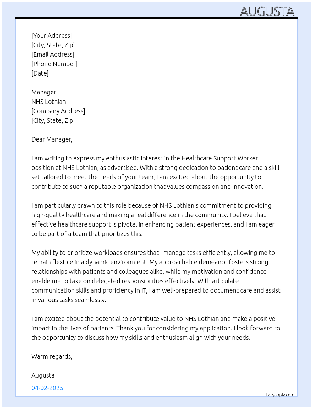 Healthcare support worker At NHS Lothian  Cover Letter