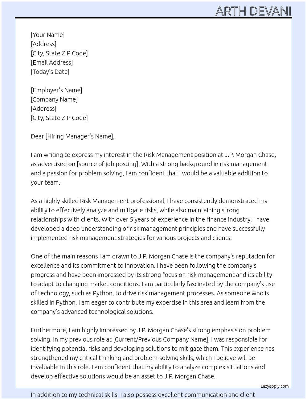 Risk Management At J.P. Morgan Chase Cover Letter