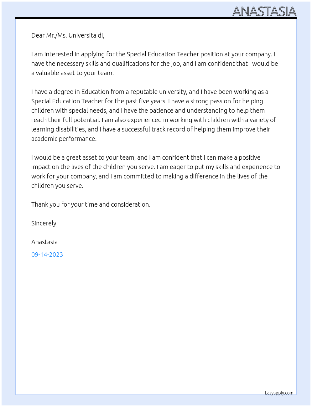 Special Education Teacher At Universita di Cover Letter