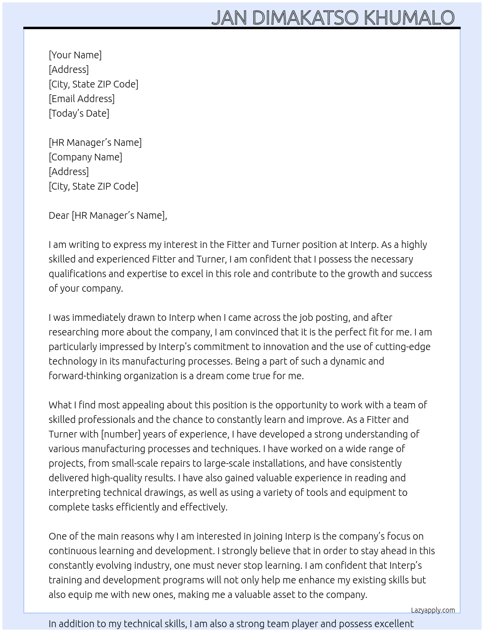 Fitter and Turner At Interp Cover Letter