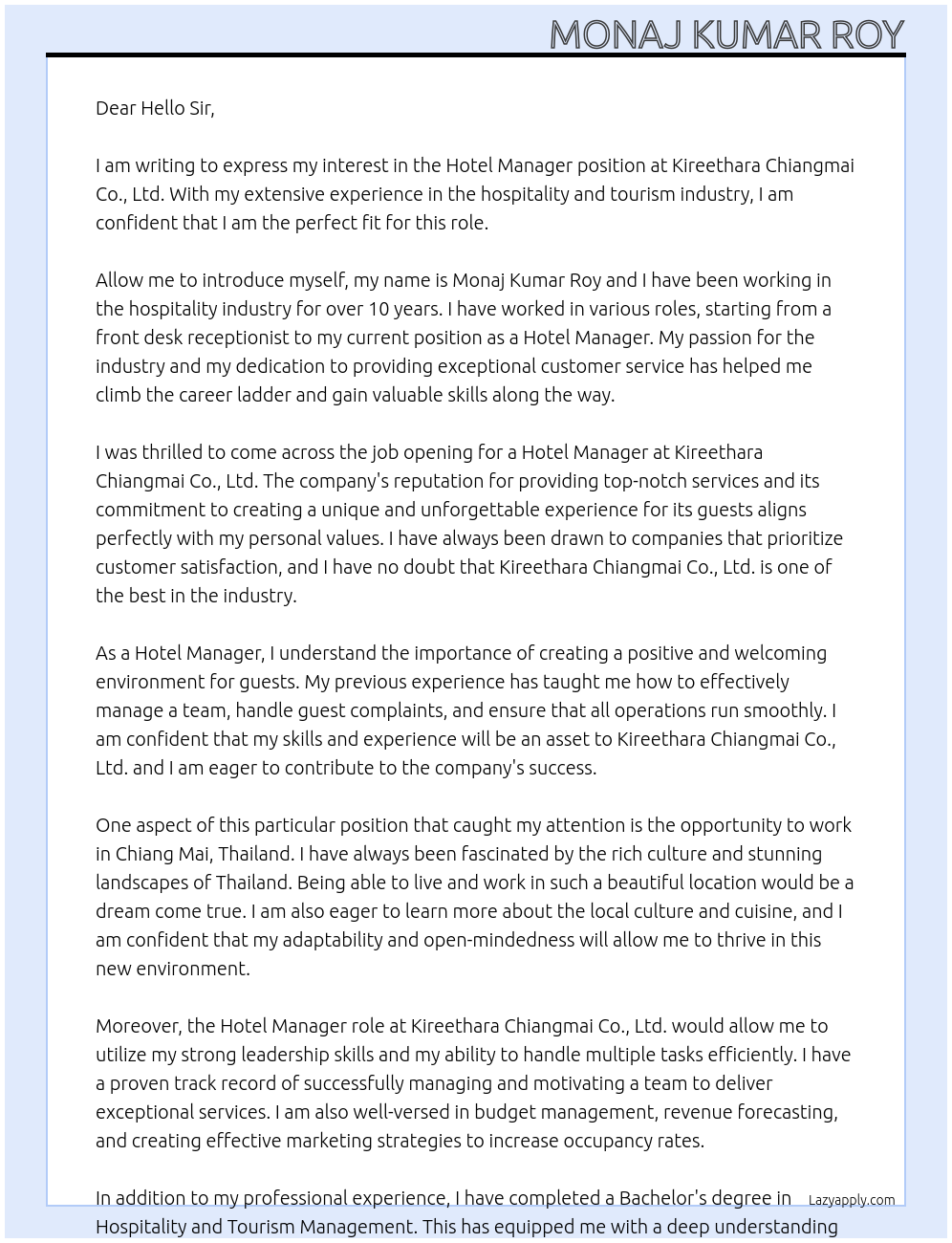Hotel Manager At KIREETHARA CHIANGMAI CO., LTD Cover Letter