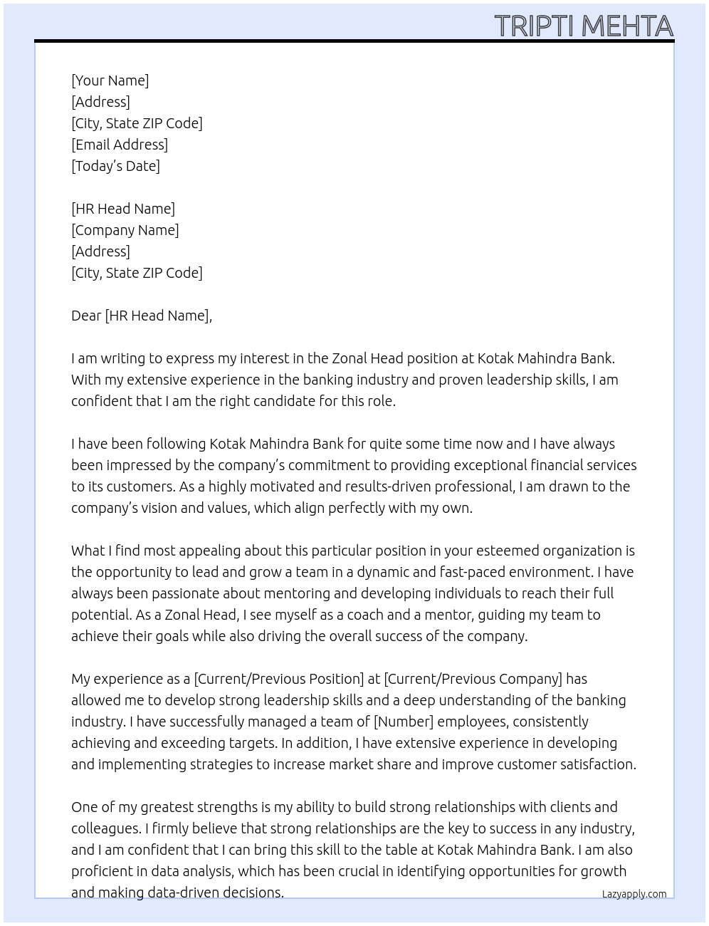 Zonal Head  At Kotak Mahindra Bank  Cover Letter