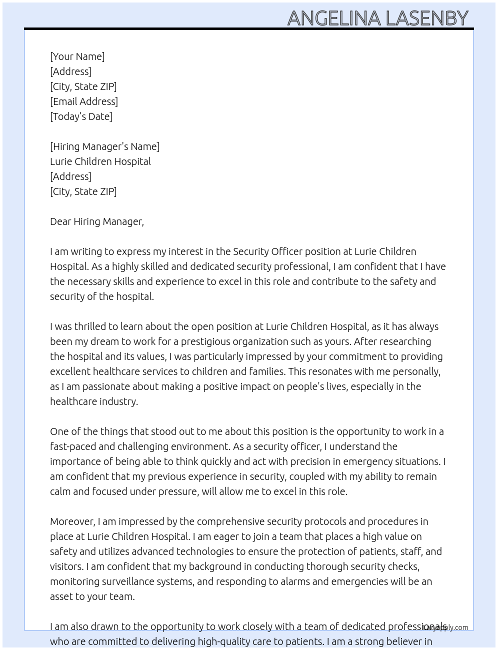 Security Officer  At Lurie Children Hospital  Cover Letter