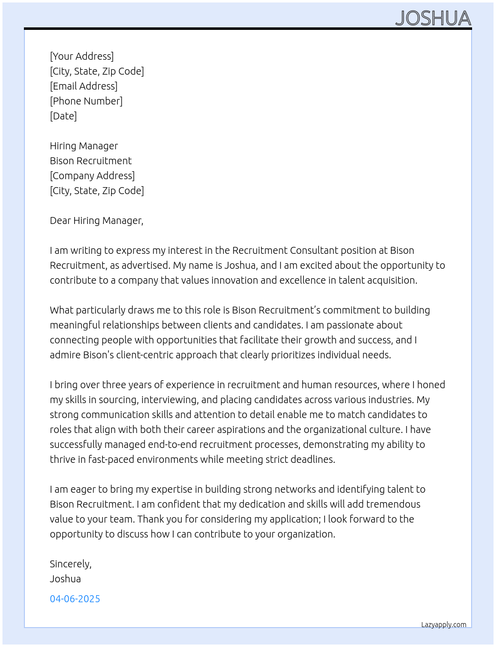 Recruitment Consultant At Bison Recruitment Cover Letter