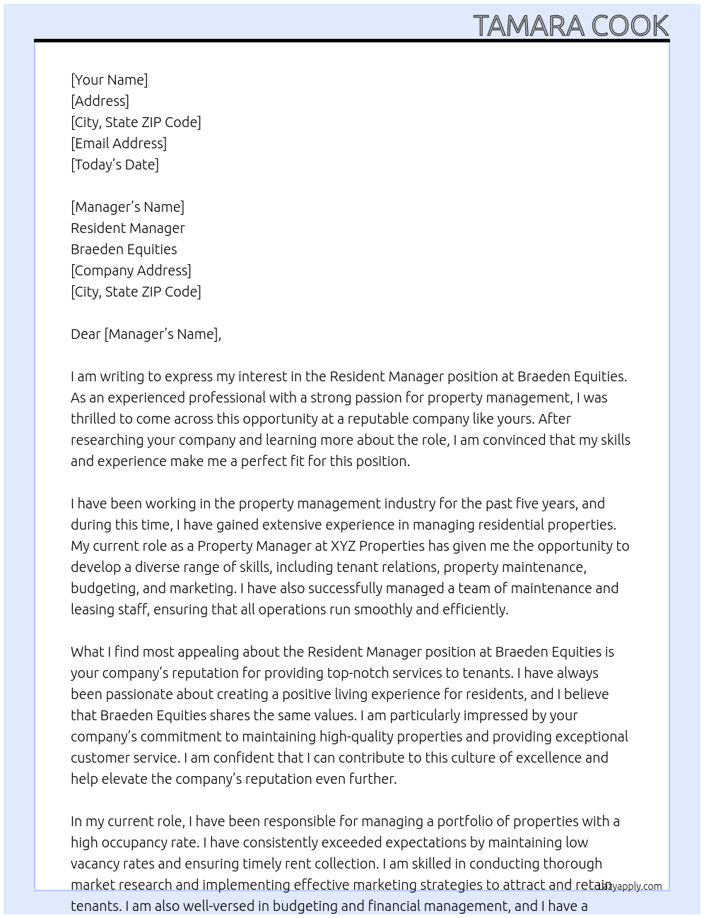 Resident Manager At Braeden Equities Cover Letter