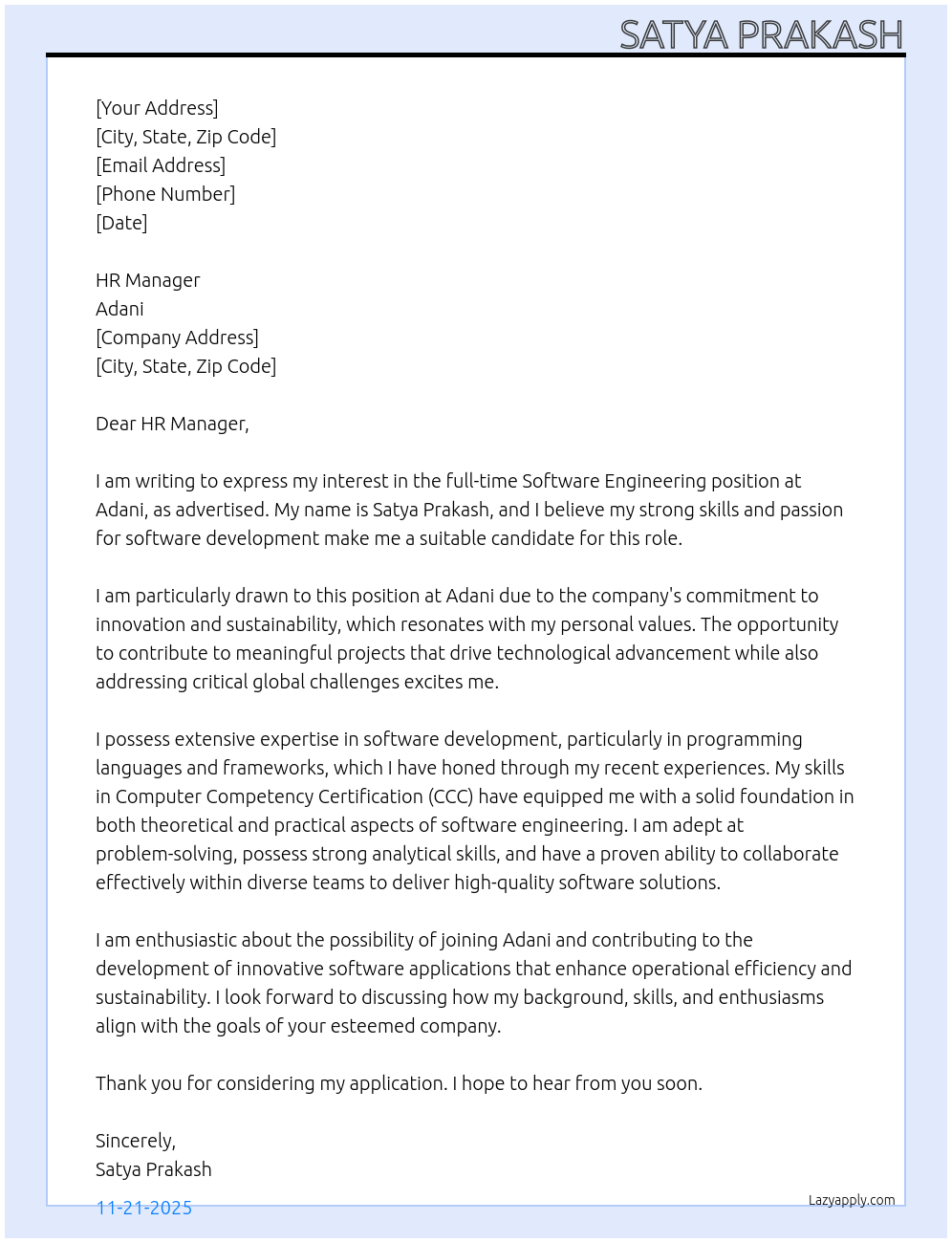 Cover letter for software engineering - LazyApply