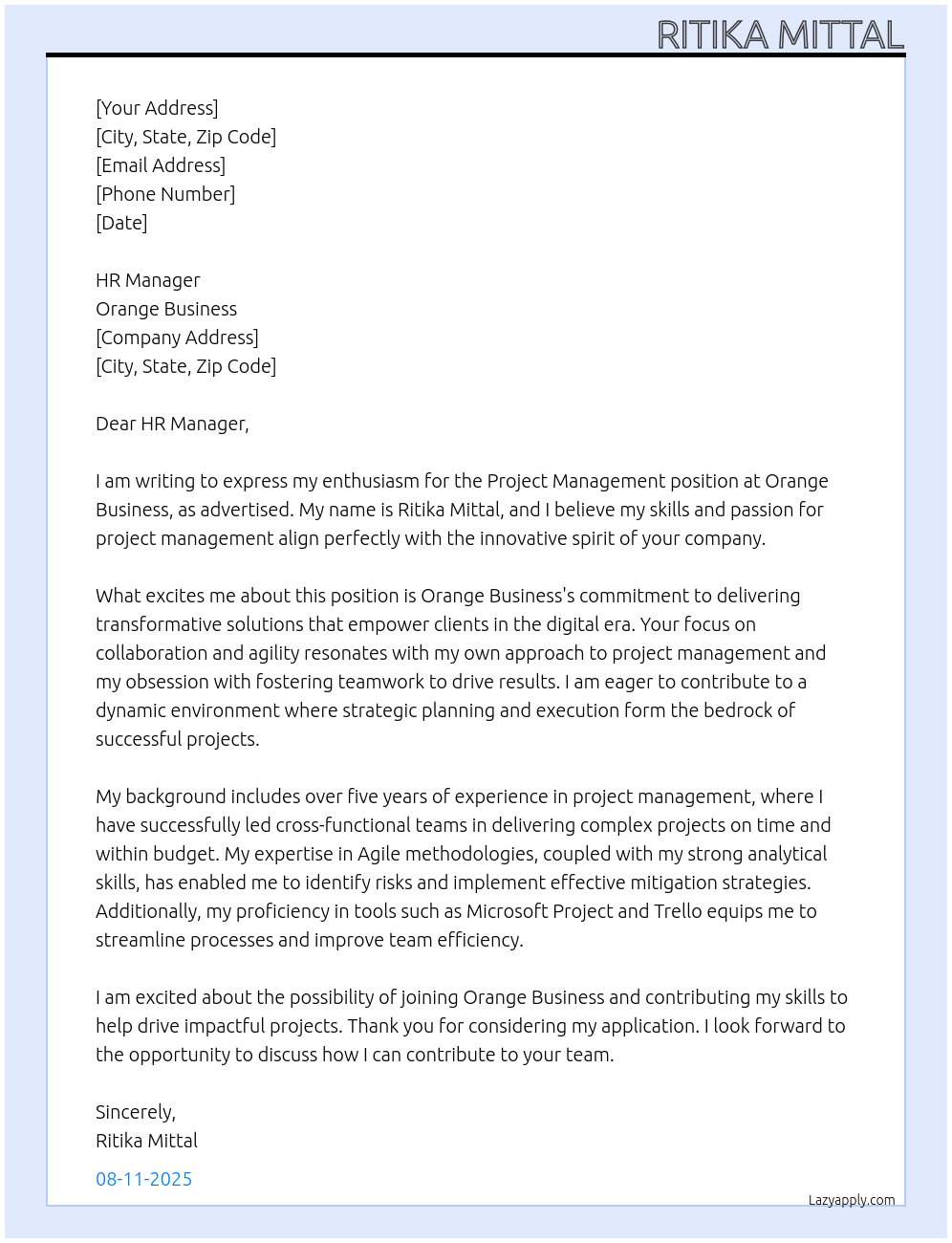 Project management At Orange buisness Cover Letter