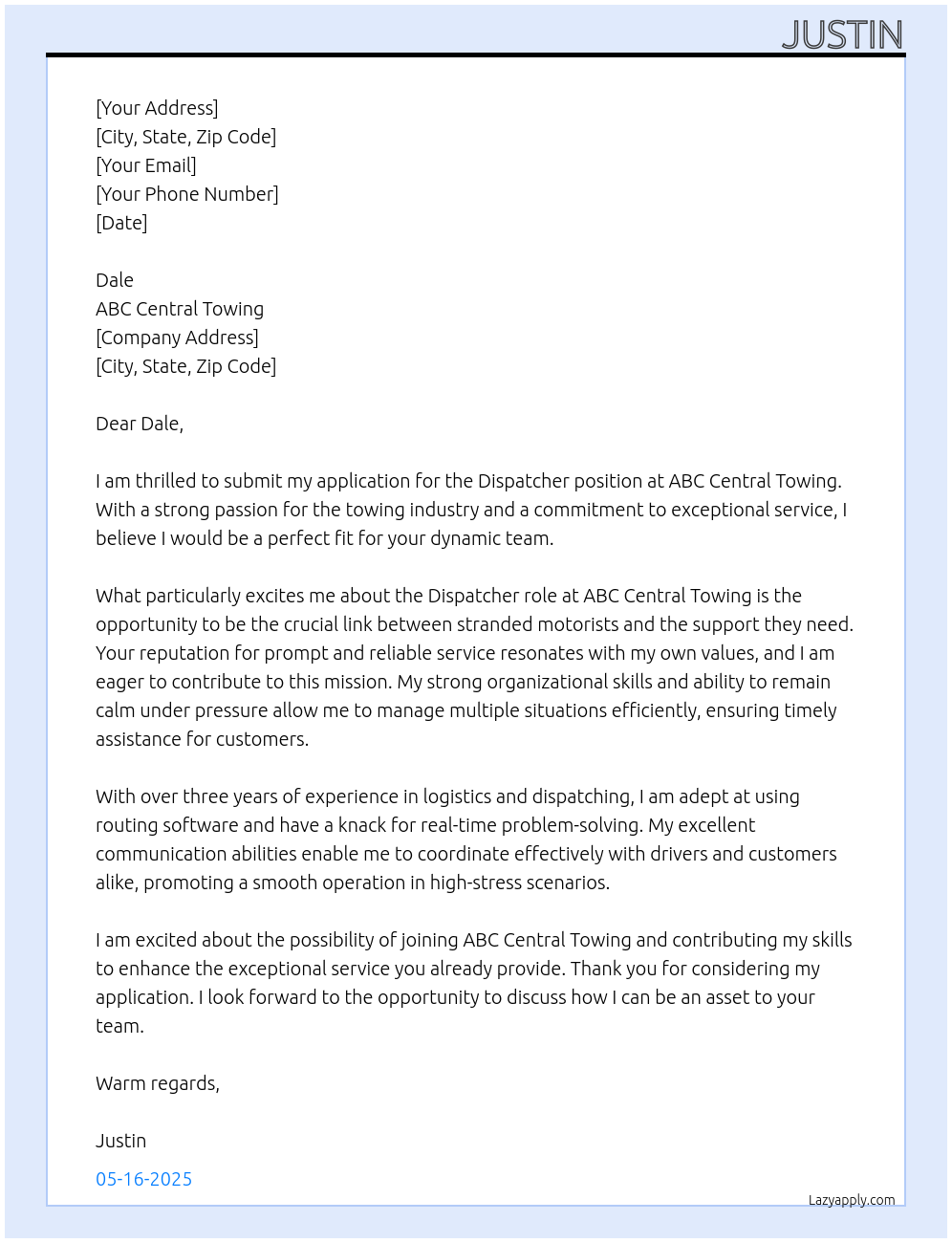 Dispatcher At ABC Central Towing Cover Letter