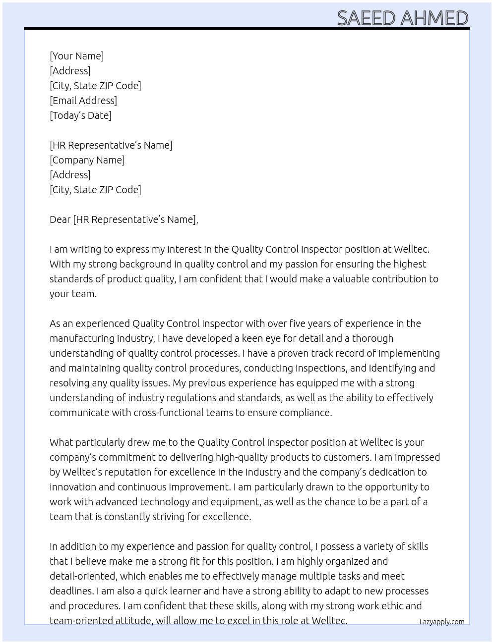 Quality control inspector At Welltec Cover Letter