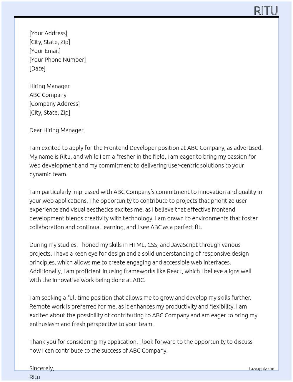 frontend developer At abc Cover Letter