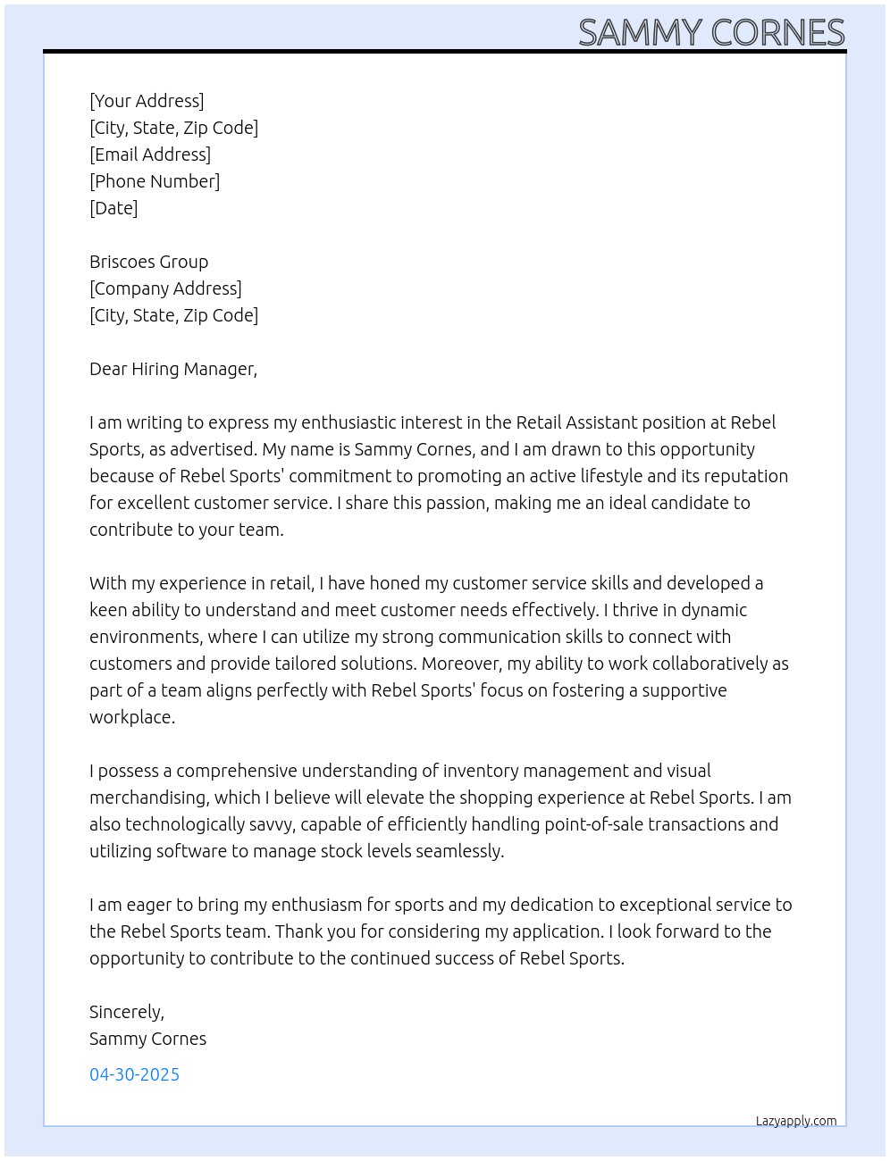 Retail Assistant At Rebel Sports Cover Letter