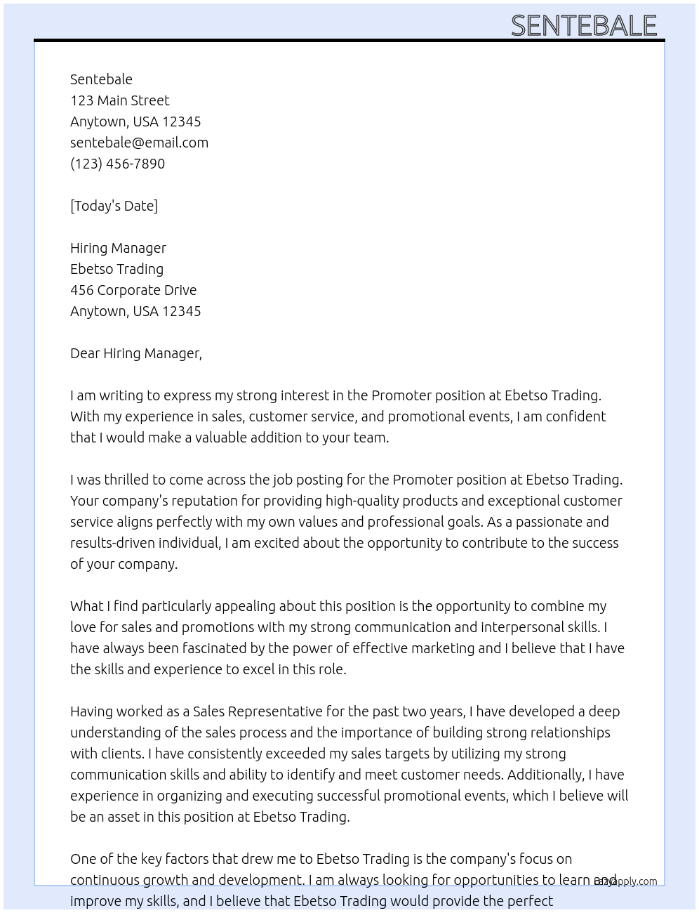 Promoter  At Ebetso Trading  Cover Letter