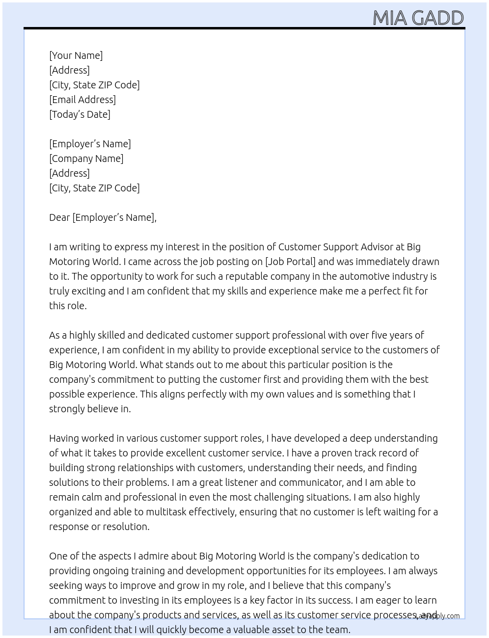 Customer Support Advisor At Big motering world Cover Letter