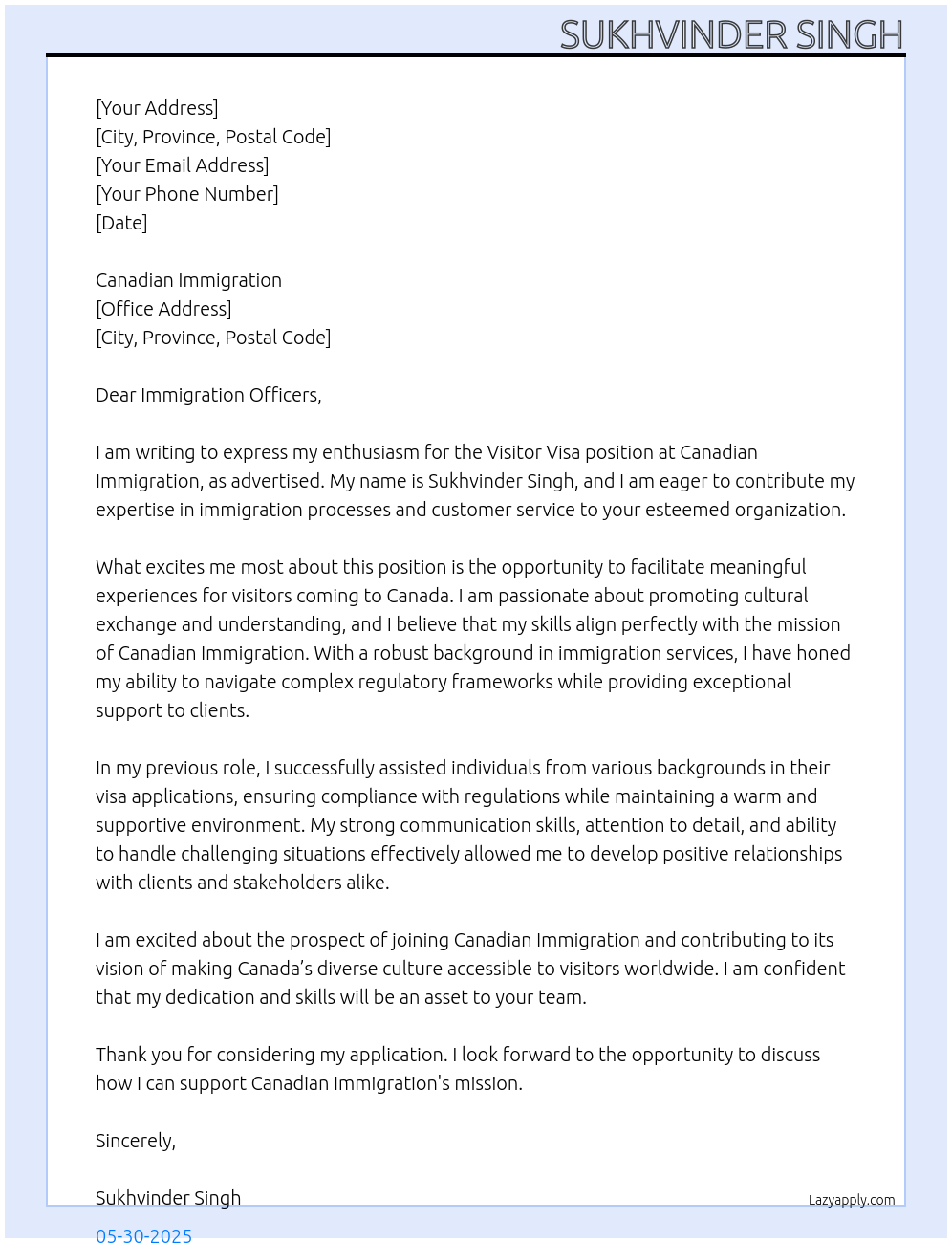 Cover letter for visitor visa - LazyApply