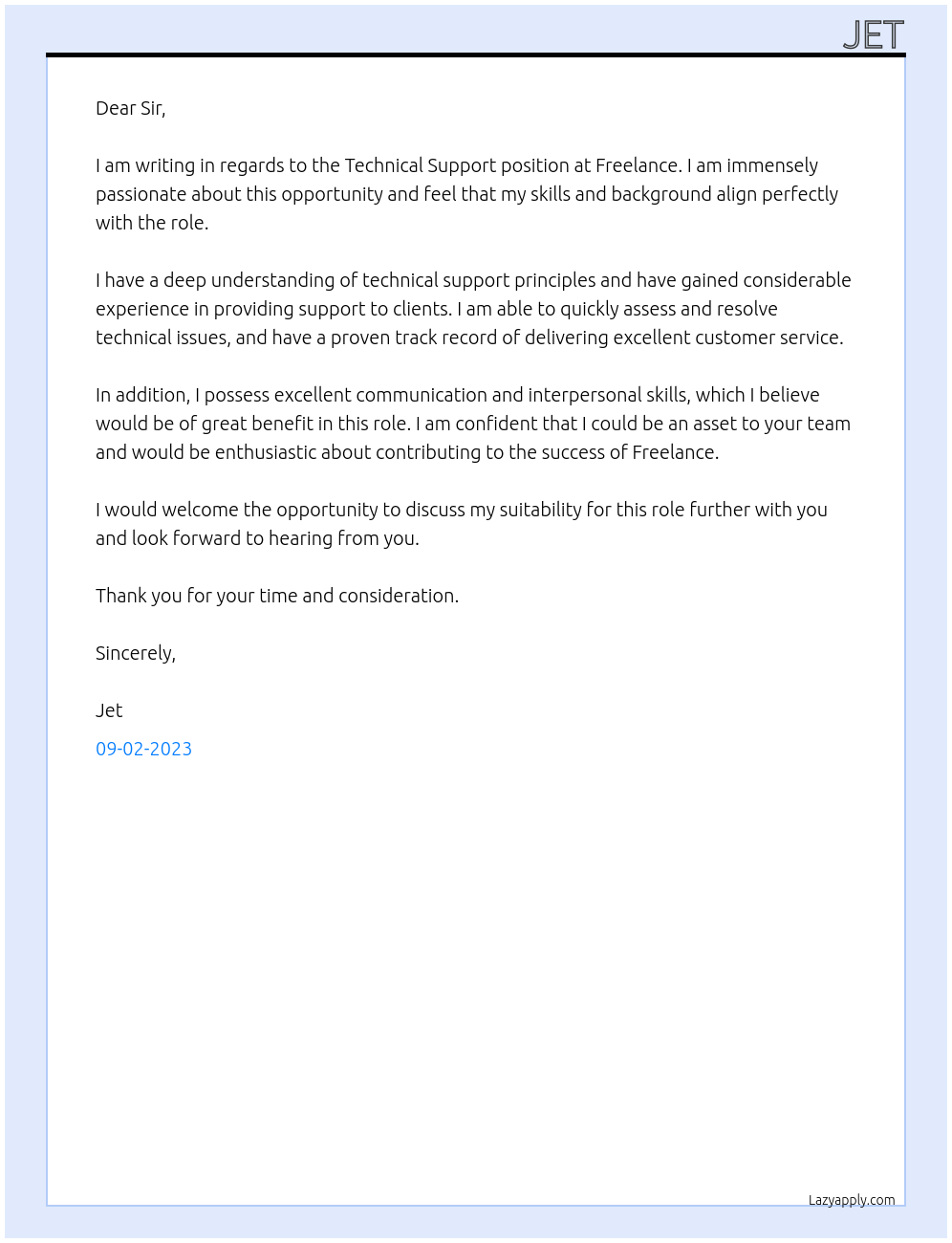 Technical Support At Freelance Cover Letter