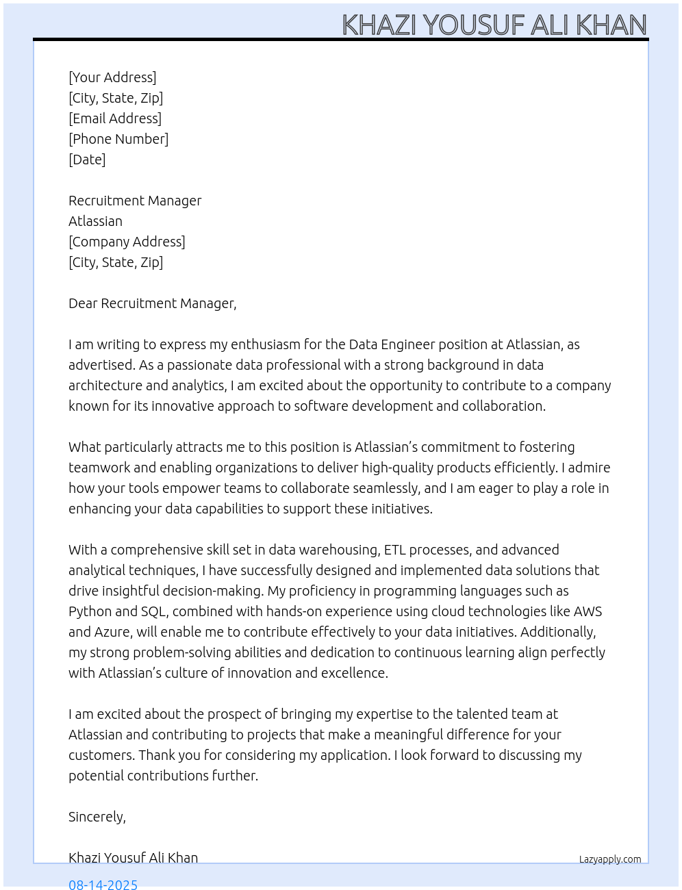 Data Engineer At Atlassian Cover Letter