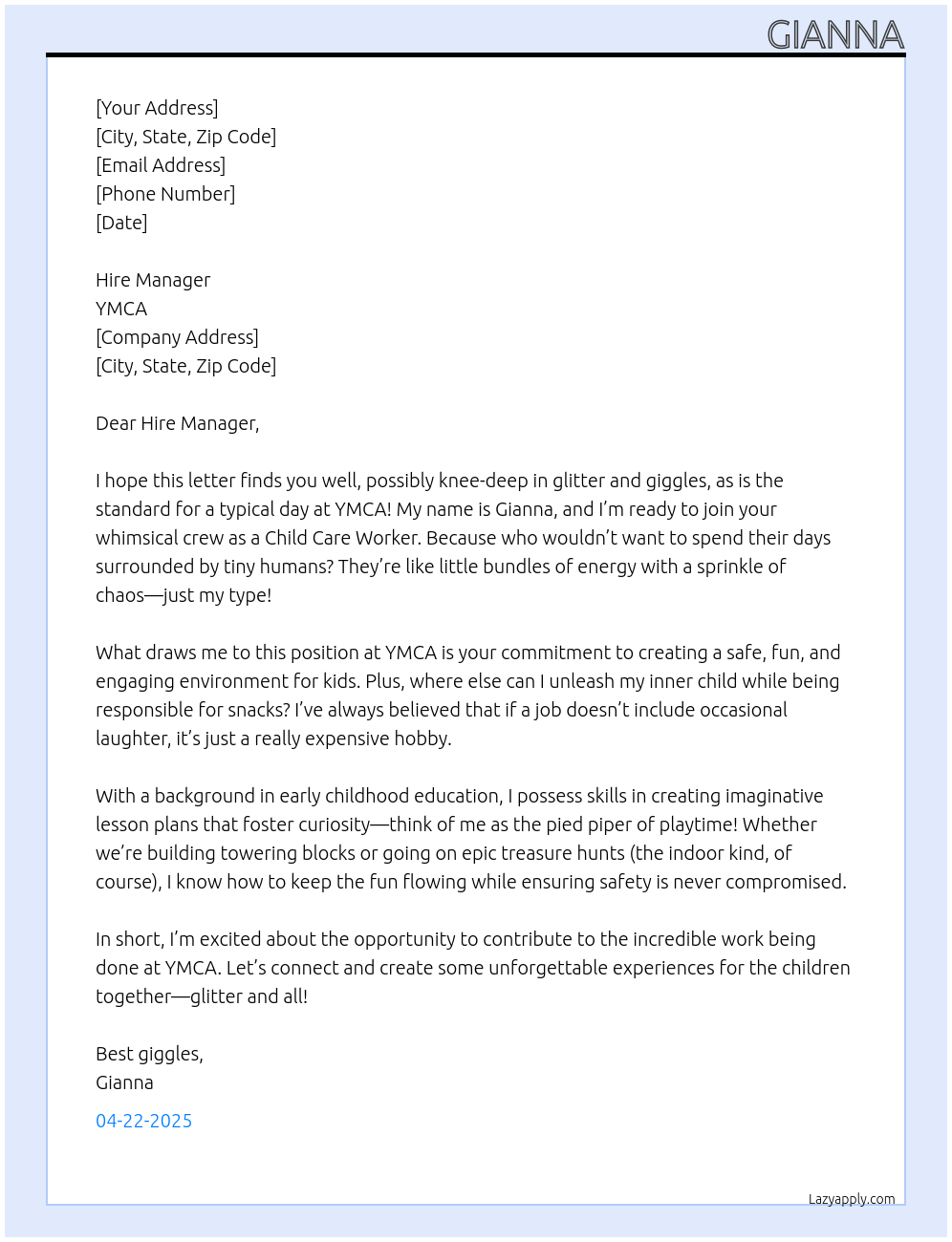 Child care worker At YMCA Cover Letter