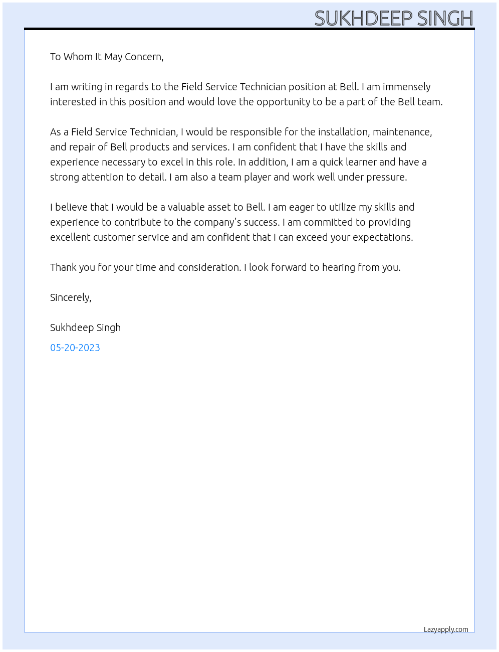 Field Service Technician At Bell Cover Letter