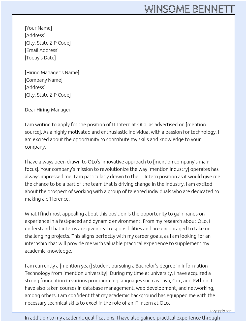 IT Intern At OLo Cover Letter