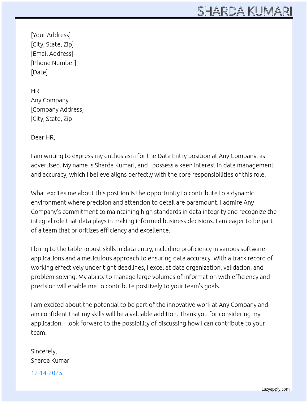 Cover letter for data entry - LazyApply