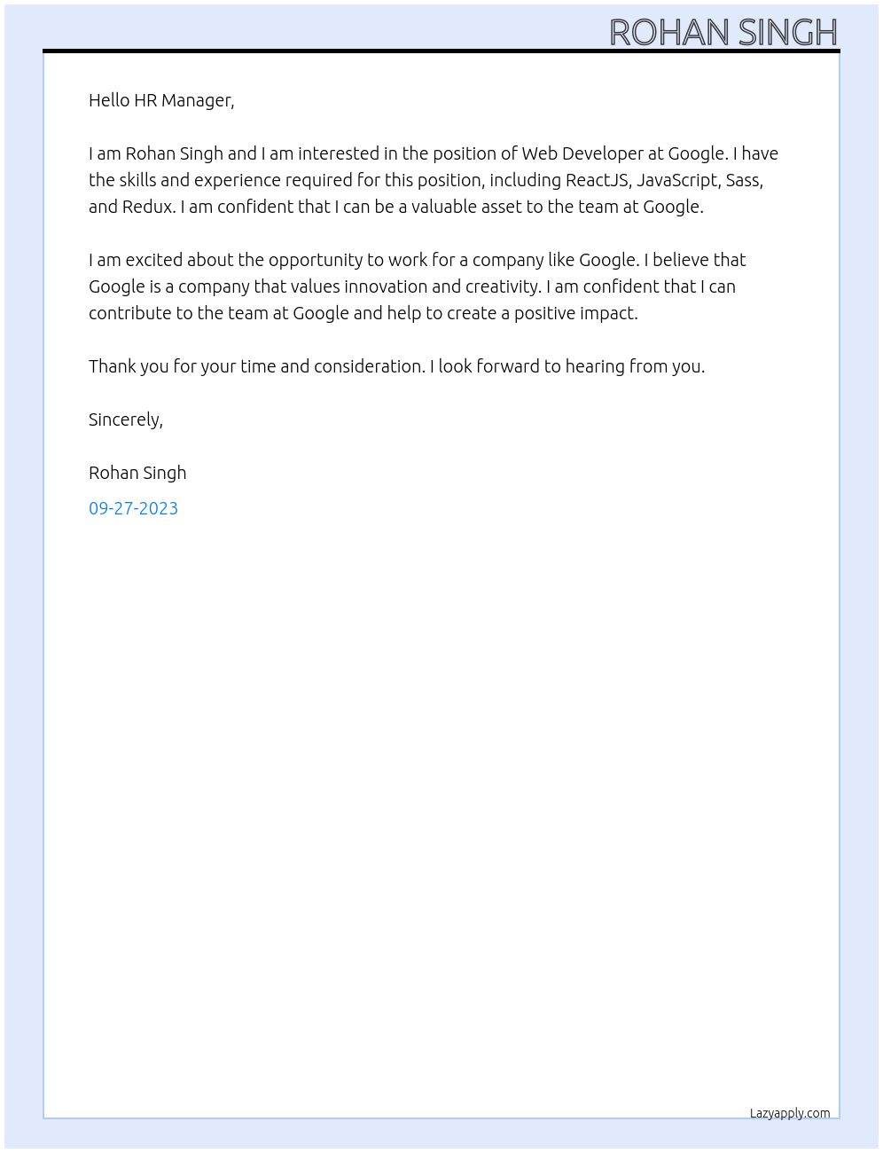 Web Devloper At google Cover Letter