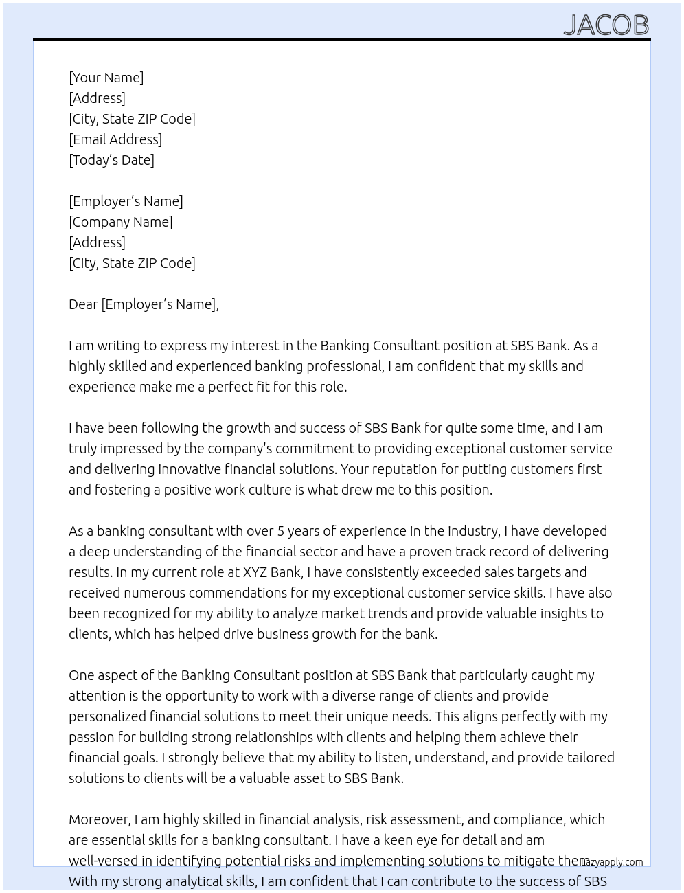 Banking consultant At SBS BAnk Cover Letter