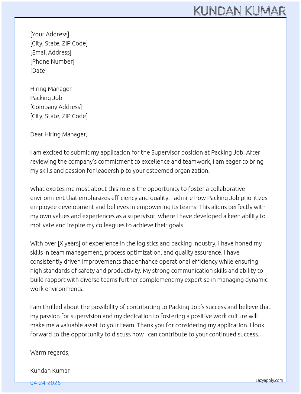 Supervisor At Packing job Cover Letter